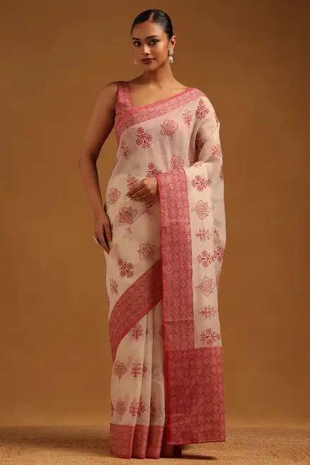 Cream Kota Floral Sarees With Hand Embroidery Work